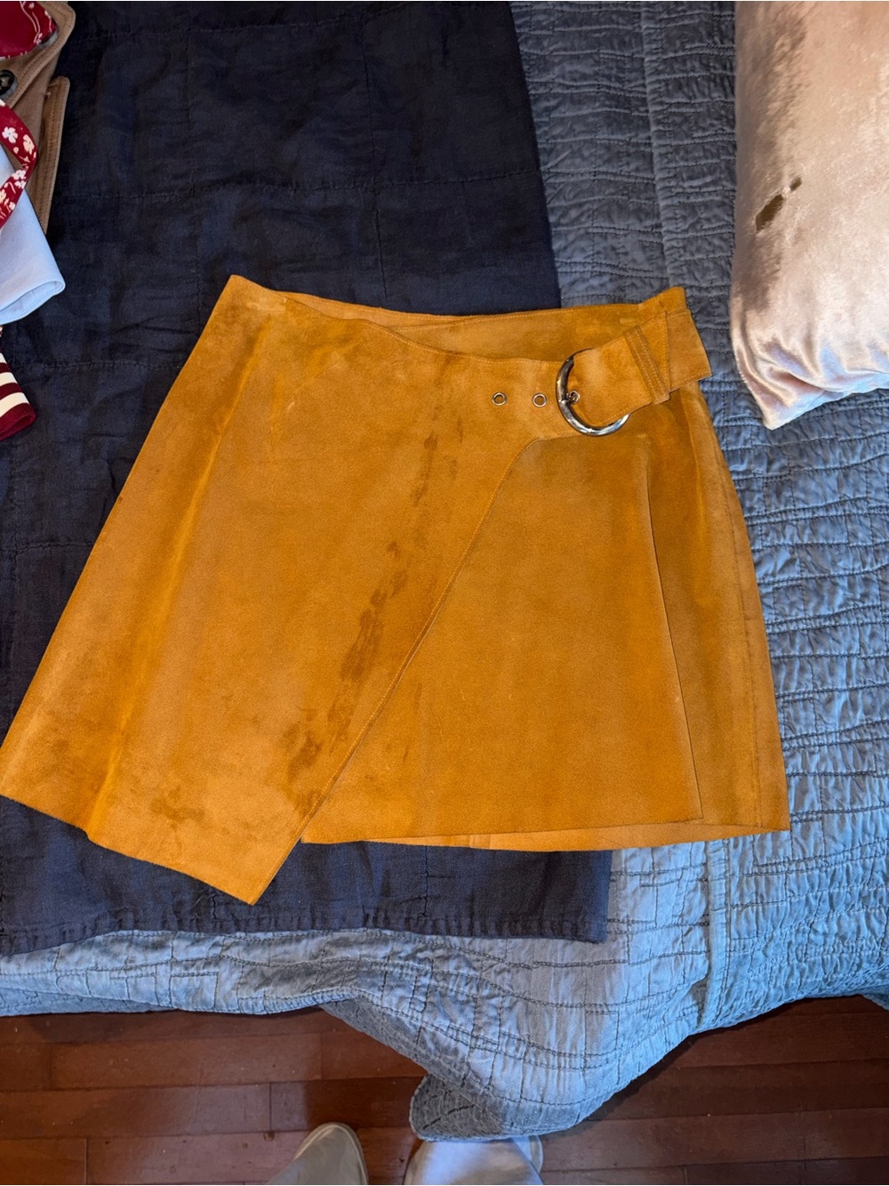 Reformation Mustard Suede Wrap Mini Skirt with Buckle